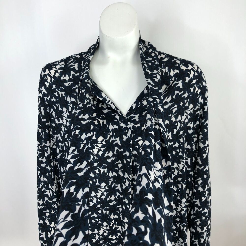 Ann Taylor LOFT Medium Blue Tie Pullover Top Blouse All Over Print